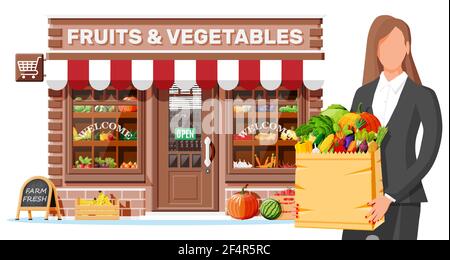 Façade de magasin de fruits et légumes avec femme Illustration de Vecteur