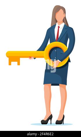 Femme d'affaires en costume tenant une grande clé dorée. Illustration de Vecteur