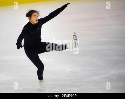 Kaori Sakamoto, du Japon, en action lors d'une session d'entraînement avant les Championnats du monde de patinage artistique de l'UIP à l'arène Globe de Stockholm, en Suède, le 22 mars 2021. Photo: Pontus Lundahl / TT / code 10050 Banque D'Images