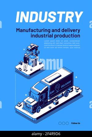Bannière Web isométrique de l'industrie, fabrication. Illustration de Vecteur