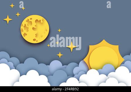 Soleil et lune avec nuage. Ciel nuageux. Étoiles. Temps de coupe du papier. Vecteur Illustration de Vecteur