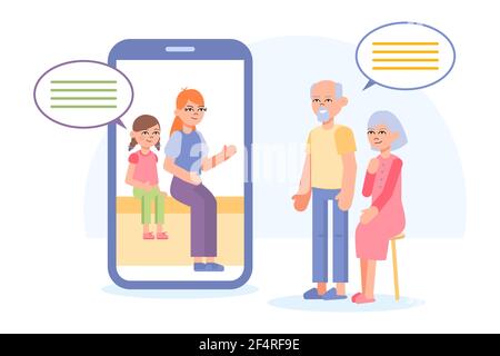 Les grands-parents passent des appels vidéo avec leur smartphone. Illustration de Vecteur