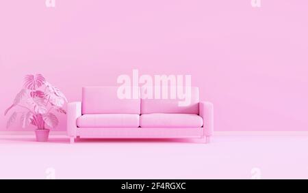 espace monochrome rose en 3d avec canapé moderne dans le salon. Concept de style minimaliste. Style de couleur pastel Banque D'Images