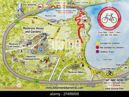 Parc national de Killarney pistes cyclables carte détaillée par Killarney Bike Rental à Killarney, comté de Kerry, Irlande Banque D'Images