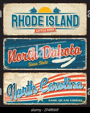 États-Unis Dakota du Nord, Caroline et Rhode Island, États-Unis, signes de plaque vectorielle. US États américains devise et slogan de la ville sur les plaques de métal rouillé, USA Illustration de Vecteur