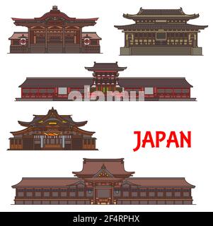 Temples japonais, pagodes et sanctuaires, Japon Voyage monuments architecture, bâtiments vectoriels. Kotohira-gu temple à Kagawa, Taga-jinja et USA Hachima Illustration de Vecteur