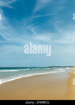 Concept de vacances tropicales. Vagues longues et douces sur la rive tropicale d'une longue plage de mer vide. Plage de sable océanique. Mousse de mer sur la côte des Caraïbes Banque D'Images