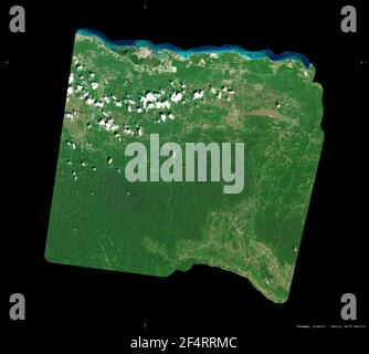 Trelawny, paroisse de la Jamaïque. Imagerie satellite Sentinel-2. Forme isolée sur noir. Description, emplacement de la capitale. Contient Copernic modifié Banque D'Images