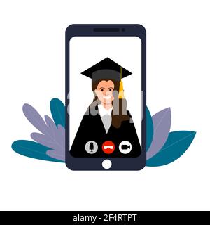 Graduation, chapeau carré du diplômé, manteau. Téléphone, lien vidéo, femme. Vecteur sur fond blanc Illustration de Vecteur