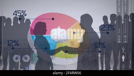 Composition du traitement des données et de l'enregistrement des statistiques sur l'homme et femme qui se secoue la main Banque D'Images