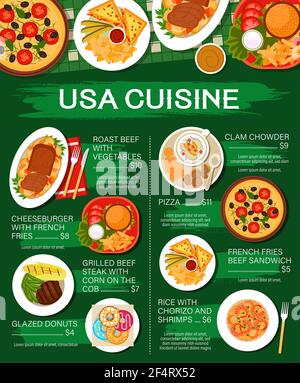 Cuisine américaine menu, restaurant steaks et café déjeuner, Vector USA plats authentiques, Vector. USA America cuisine repas, petit déjeuner sandwich, trad Illustration de Vecteur