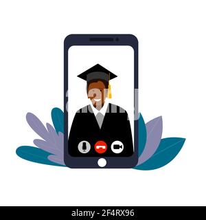 Graduation, chapeau carré du diplômé, manteau. Téléphone, liaison vidéo, couleur de peau noire masculine. Vecteur sur fond blanc Illustration de Vecteur