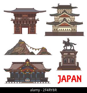 Monuments de l'architecture japonaise, temples et bâtiments japonais, Vector. Japon voyage sanctuaires et maisons de pagode, temple Tosho-ji, statue d'équitation Masamune Illustration de Vecteur