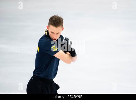 Nikolaj Majorov, de Suède, en action lors d'une session d'entraînement avant les Championnats du monde de patinage artistique de l'UIP à l'arène Globe à Stockholm, en Suède, le 23 mars 2021. Photo: Pontus Lundahl / TT / code 10050 *** SUÈDE OUT *** Banque D'Images