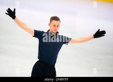 Nikolaj Majorov, de Suède, en action lors d'une session d'entraînement avant les Championnats du monde de patinage artistique de l'UIP à l'arène Globe à Stockholm, en Suède, le 23 mars 2021. Photo: Pontus Lundahl / TT / code 10050 *** SUÈDE OUT *** Banque D'Images