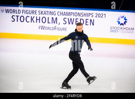 Nikolaj Majorov, de Suède, en action lors d'une session d'entraînement avant les Championnats du monde de patinage artistique de l'UIP à l'arène Globe à Stockholm, en Suède, le 23 mars 2021. Photo: Pontus Lundahl / TT / code 10050 *** SUÈDE OUT *** Banque D'Images