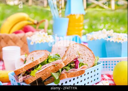 Déjeuner dans le parc sur l'herbe verte. Jour ensoleillé d'été et panier pique-nique. Pop-corn et sandwichs pour un en-cas en plein air dans la nature. Dans des plats en plastique lumineux . Copier l'espace Banque D'Images