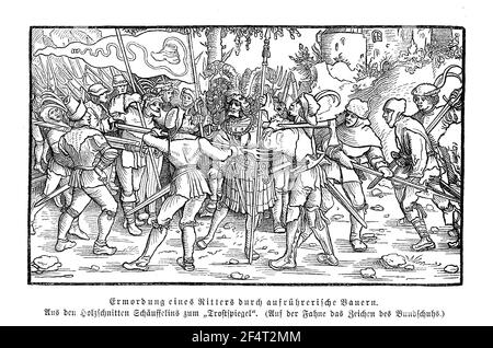 Assassinat d'un chevalier à la main de paysans rebelles de la ligue des cordonniers, gravure de Hans Leonhard Schaeufelein, XVIe siècle Banque D'Images