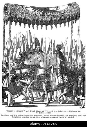 Le Saint empereur romain Charles V en procession avec le Pape Clément VII après le couronnement à Bologne le 24th février 1530 Banque D'Images