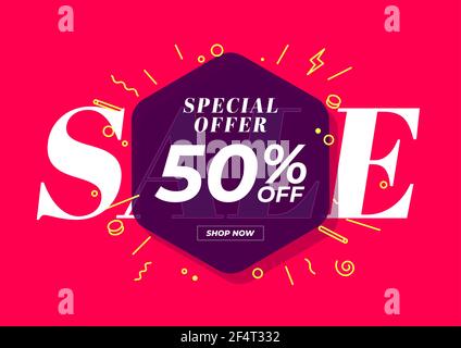 Offre spéciale solde 50 % de rabais sur la bannière. Fond rouge offre spéciale et modèle de promotion. Illustration de Vecteur
