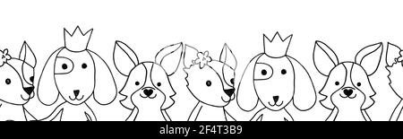 Joli animal enfants sans couture coloriage bordure illustration noir blanc. Les enfants font la queue avec des fleurs de couronne. Contours chiens d'animaux. Pour la carte Banque D'Images