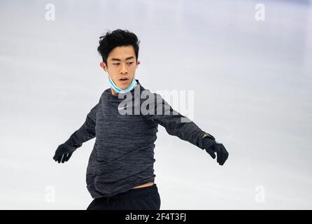 Nathan Chen, des États-Unis, en action lors d'une séance d'entraînement avant les Championnats du monde de patinage artistique de l'UIP à l'arène Globe de Stockholm, en Suède, le 23 mars 2021. Photo: Pontus Lundahl / TT / code 10050 *** SUÈDE OUT *** Banque D'Images