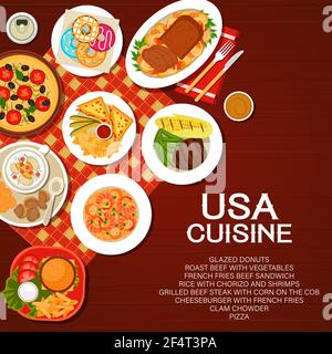 Cuisine américaine, couverture du menu américain, plats vectoriels et repas. Restaurant américain et café traditionnel, affiche sur le menu du déjeuner et du dîner Illustration de Vecteur