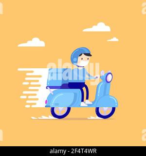 Livreur de nourriture à cheval bleu, coursier dans masque respiratoire. Commande en ligne et livraison express de produits alimentaires ou de produits à domicile et au bureau en quarantaine Illustration de Vecteur