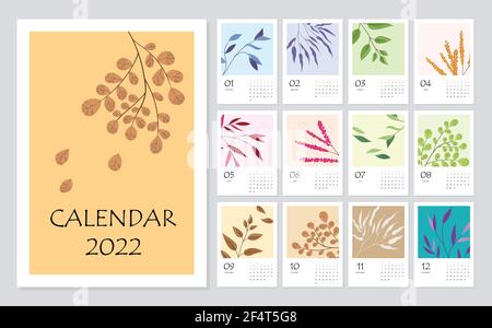 calendrier 2022 avec éléments floraux modernes abstraits. Semaine d'affaires. Modèle de mise en page, 12 mois par an. Conception botanique simple pour les entreprises Illustration de Vecteur