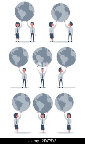 Un homme d'affaires transportant un grand globe c'est un symbole de la société mondiale d'affaires dans le monde. Un style contemporain. Illustration de la conception à plat vectorielle Illustration de Vecteur