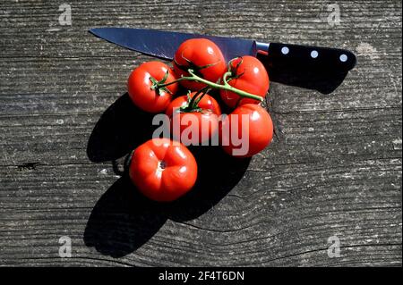 plusieurs tomates et un couteau sur une table en bois à l'extérieur Banque D'Images