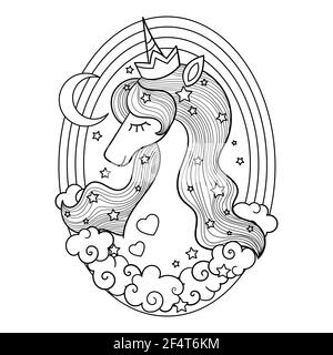 Jolie tête de licorne et arc-en-ciel. Illustration linéaire noir et blanc pour colorier. Vecteur Illustration de Vecteur