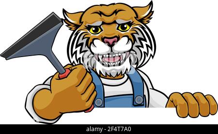 Wildcat Voiture ou Window Cleaner Holding Raclette Illustration de Vecteur