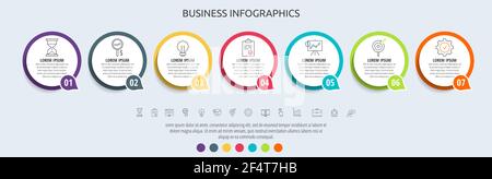 Infographie vectorielle Circles avec 7 étapes, icônes. Chronologie utilisée pour le diagramme, le graphique, le Web, la bannière, la mise en page du flux de travail, présentations, info graphe, niveaux Illustration de Vecteur