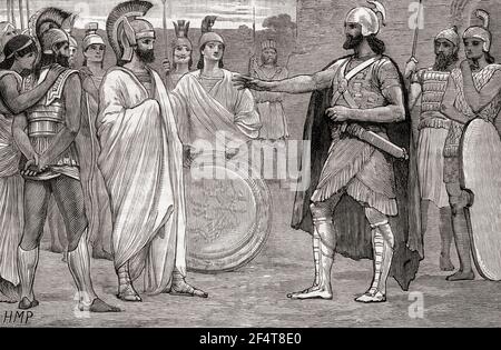 Rencontre entre Agesilaus (à gauche) et Pharnabazus II (à droite) en 395 av. J.-C., quand Agesilaus a accepté de se retirer de Hellespontine Phrygia. Agesilaus II, c. 444/443 – c. 360 C.-B. Roi de l'ancienne cité-état grecque de Sparta et membre de la dynastie Eurypontid. Pharnabazus II, soldat et homme d'État persan, et Satrap de Hellespontine Phrygia. De l'Histoire universelle de Cassell, publié en 1888. Banque D'Images