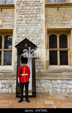 Londres, Royaume-Uni - 13 septembre 2011 : une jeune garde irlandaise à la Tour de Londres, un château historique situé sur la rive nord de la rivière Tham Banque D'Images