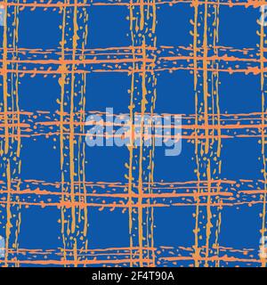 Arrière-plan moderne à motif fluide et motif vectoriel, effet écossais grunge. Le recouvrement de texture orange fluo croque le filet croisé sur fond bleu cobalt. Crayon ou Illustration de Vecteur