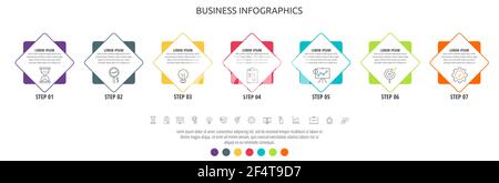 Étiquette graphique d'entreprise vectorielle avec losange pour sept étiquettes, diagrammes, graphiques et présentations. Concept carré avec 7 options ou étapes utilisées Illustration de Vecteur