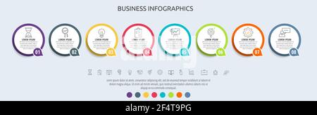 Infographie sur les lignes vectorielles des cercles avec icônes en 8 étapes. Chronologie utilisée pour les graphiques, le Web, la bannière, la mise en page du flux de travail, les présentations, organigramme, graphique d'informations Illustration de Vecteur