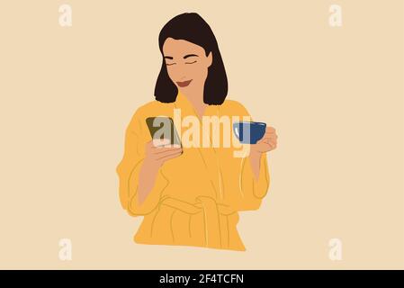 Femme en peignoir jaune regardant au téléphone et boissons café le matin. Illustration vectorielle. Concept de style de vie et de détente. Illustration de Vecteur