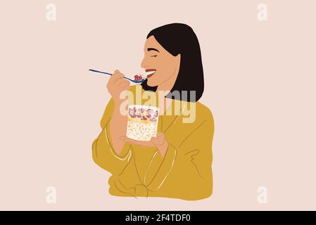 La jolie femme en peignoir jaune prend le petit-déjeuner le matin, en mangeant du granola dans un verre à la framboise. Illustration vectorielle. Concept de santé. Illustration de Vecteur