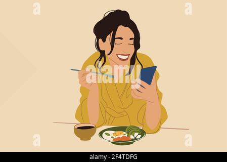 Jolie femme en peignoir jaune aime le petit déjeuner le matin, manger des œufs frits avec de l'avocat et du poisson et du café tout en utilisant un téléphone. Illustration vectorielle. Concept de régime alimentaire sain. Illustration de Vecteur