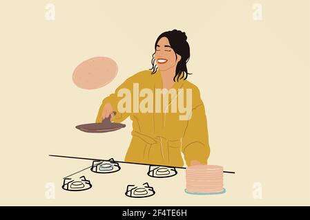 Jolie femme dans un peignoir jaune jette une crêpe sur une poêle à gaz. Préparer un petit-déjeuner sucré le matin. Illustration vectorielle. Illustration de Vecteur
