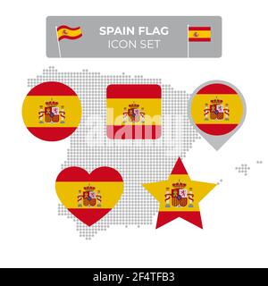 Icônes de drapeau d'Espagne en forme de carré, coeur, cercle, étoiles et pointeur, marqueur de carte, carte en mosaïque de l'espagne. Drapeau espagnol. Style plat. Symbole vectoriel, Illustration de Vecteur