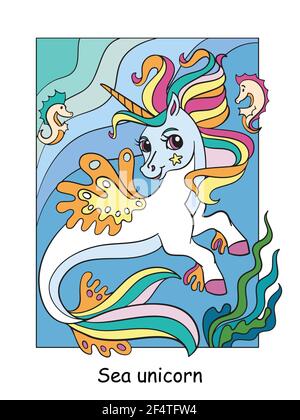 Jolie licorne de mer avec longue queue et manne.dessin animé vectoriel coloré illustration. Pour carte postale, affiches, design, carte de vœux, autocollants, décoration de chambre, partie Illustration de Vecteur