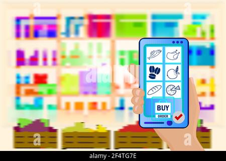 Mains tient le téléphone mobile avec une commande d'épicerie sur fond flou de supermarché. Application mobile pour commander des aliments. Magasin en ligne, livraison de sécurité. Vecteur Illustration de Vecteur