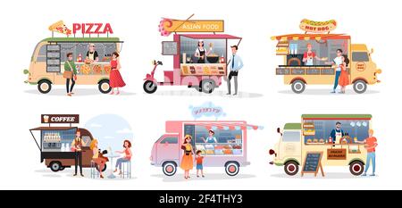 Camion alimentaire de rue, jeu d'illustrations vectorielles de café extérieur. Chariot alimentaire de dessin animé avec menu pizza cuisine asiatique hamburger glace hot dog fastfood manger Illustration de Vecteur