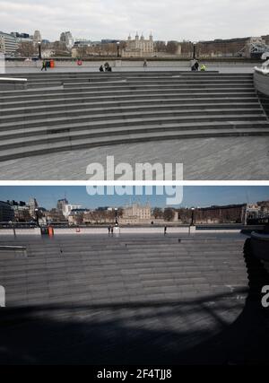 Composite de photos de The Scoop à More London à côté de City Hall prises aujourd'hui (en haut) et la même vue le 24/03/20 (en bas), le lendemain du Premier ministre Boris Johnson a mis le Royaume-Uni en confinement. Date de la photo: Mardi 23 mars 2021. Banque D'Images