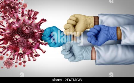 Le soutien du vaccin contre le virus et la grippe ou le coronavirus combattent le contrôle de la maladie en tant que groupe de médecins luttant contre un groupe de cellules pathogènes contagieuses. Banque D'Images