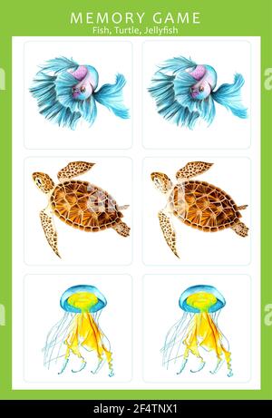 Jeu de mémoire avec illustrations d'aquarelles dessinées à la main d'animaux colorés. Les enfants jouent cartes jeu de table. Couper et jouer, trouver deux photos identiques. Illustration de Vecteur